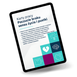 Tablet z wyświetloną okładką kart pracy. Na okładce widnieje tytuł "Odkryj sens życia i Poczucie braku sensu życia i pustki"