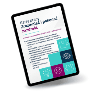 Tablet wyświetlający okładkę Karty Pracy 'Zrozumieć i Pokonać Zazdrość', narzędzie do pracy nad emocjami.