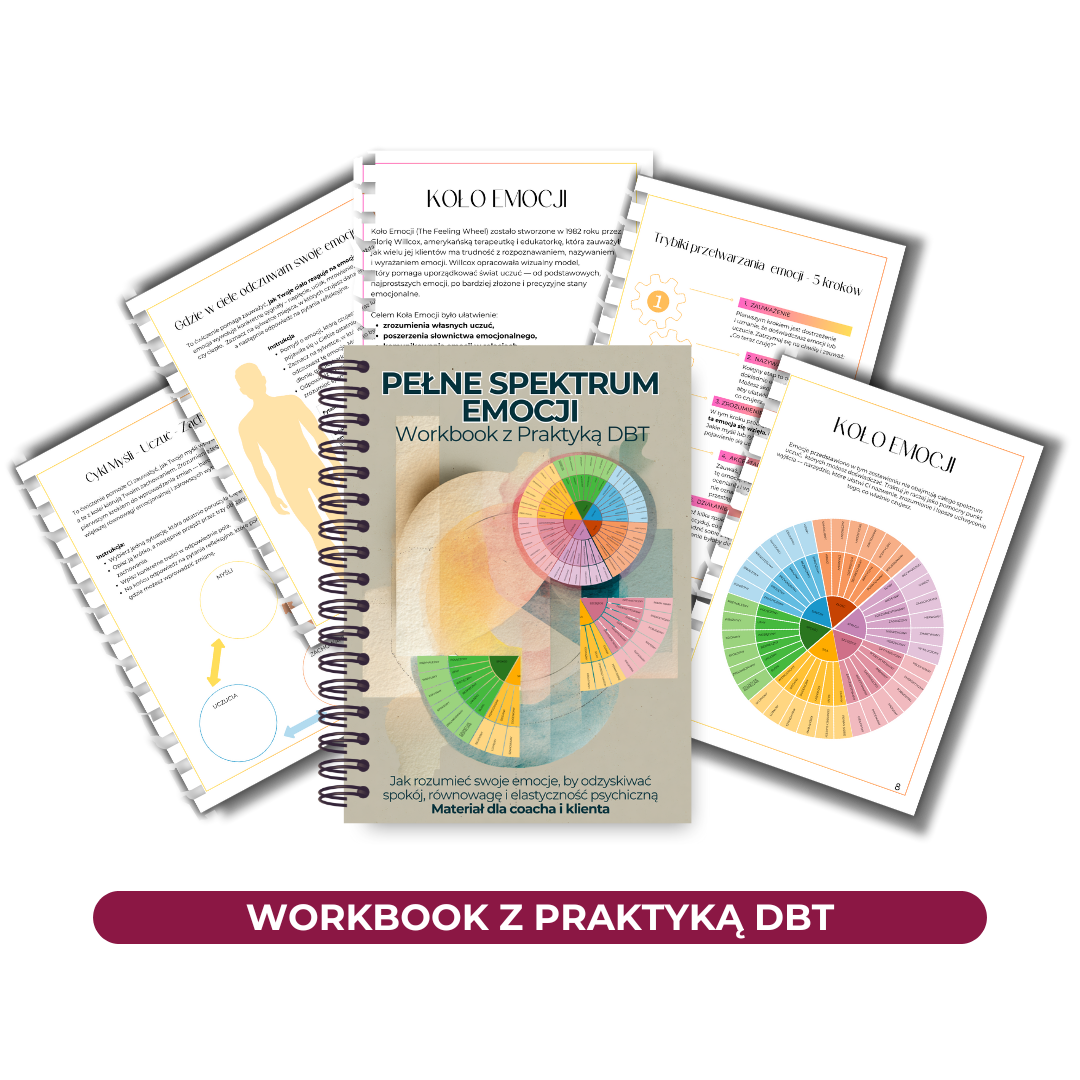 Workbook ‘Pełne Spektrum Emocji’ – koło emocji, praca z DBT, ćwiczenia do rozumienia uczuć, narzędzia regulacji emocji i refleksji dla coacha i klienta.
