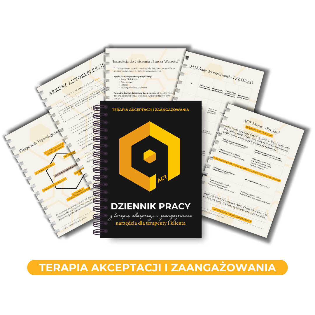 Workbook ACT ‘Dziennik Pracy’ – narzędzia terapii akceptacji i zaangażowania, matryca ACT, wartości, blokady, ćwiczenia autorefleksji i wsparcie procesu zmiany.
