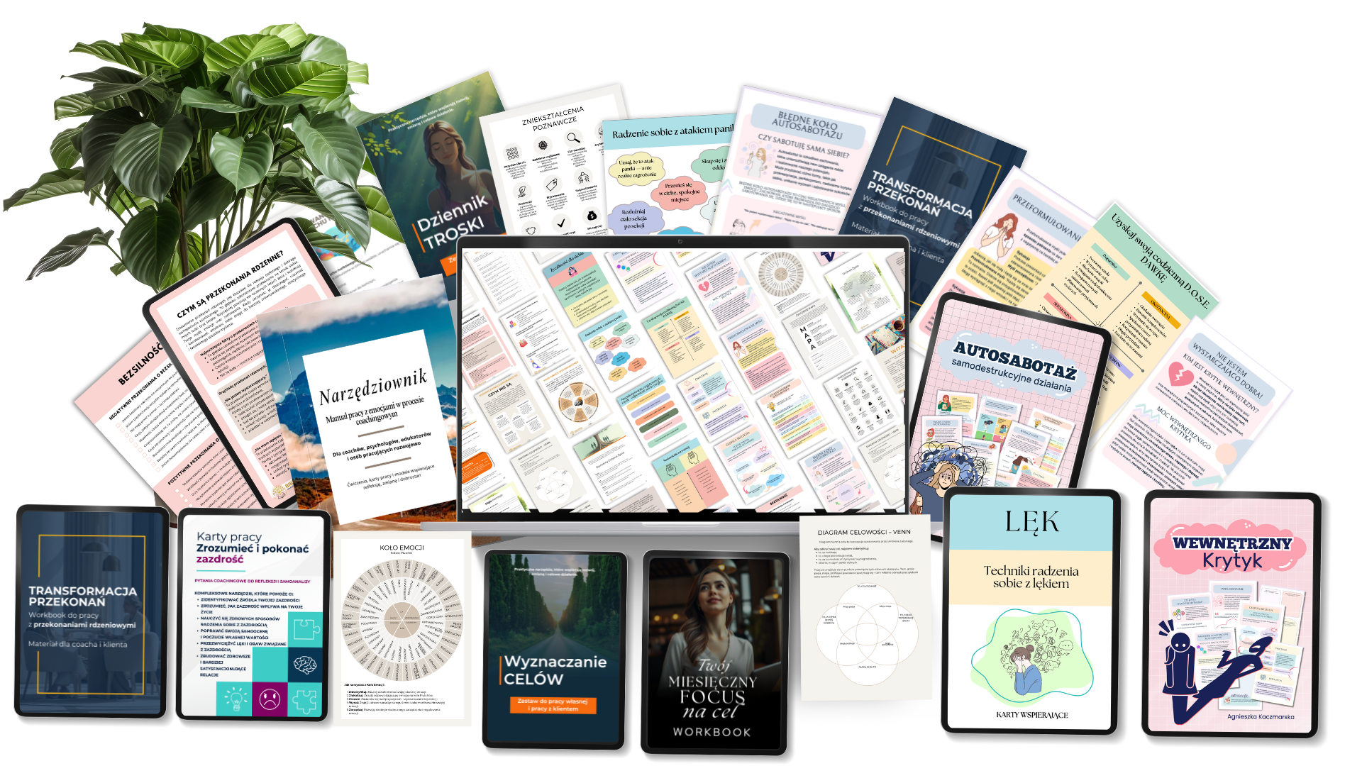 Zestaw profesjonalnych workbooków i narzędzi coachingowych — funkcje wykonawcze, regulacja emocji DBT, uważność, transformacja przekonań, pełne spektrum emocji, karty mocy, Drzewo Życia oraz materiały do pracy z klientem. Kompletny pakiet dla coachów, psychologów i terapeutów.