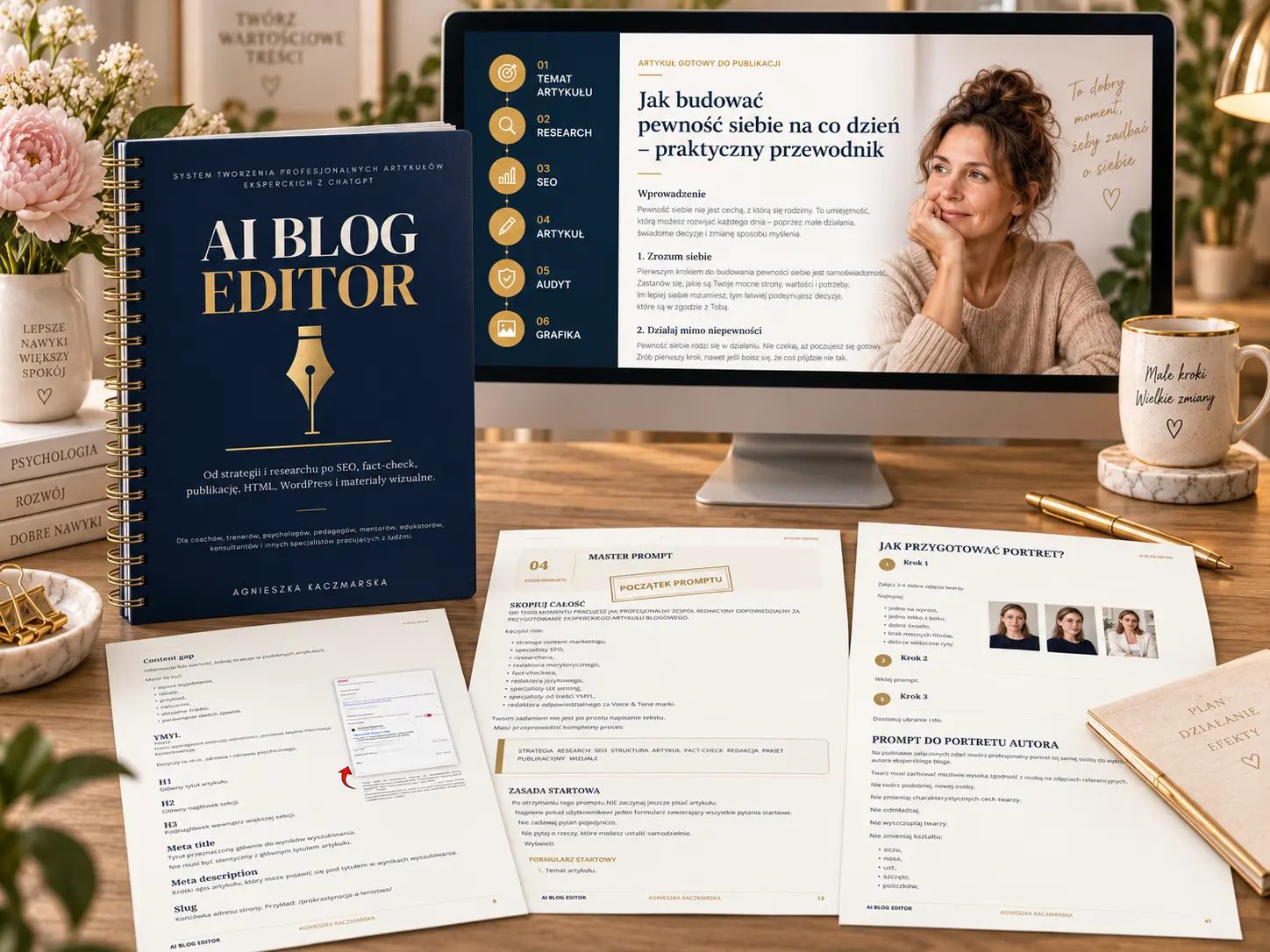 AI Blog Editor – mockup e-booka z artykułem blogowym, SEO, researchem i kartami pracy
