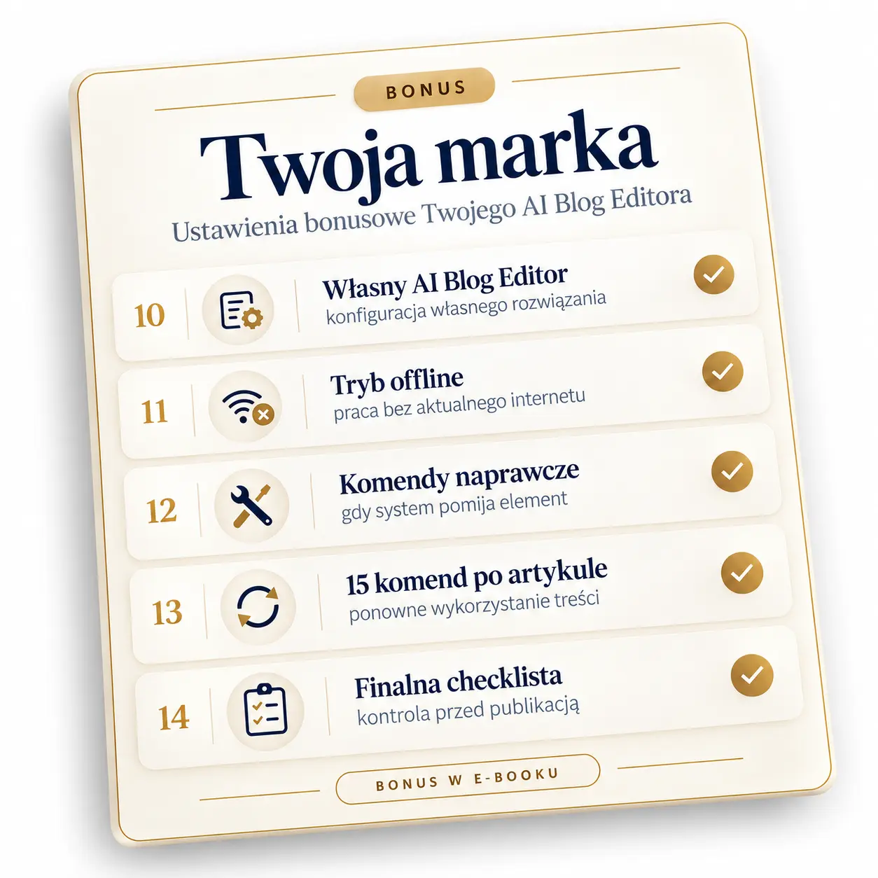 Sekcja bonusowa AI Blog Editor – personalizacja marki, tryb offline, komendy naprawcze i finalna checklista