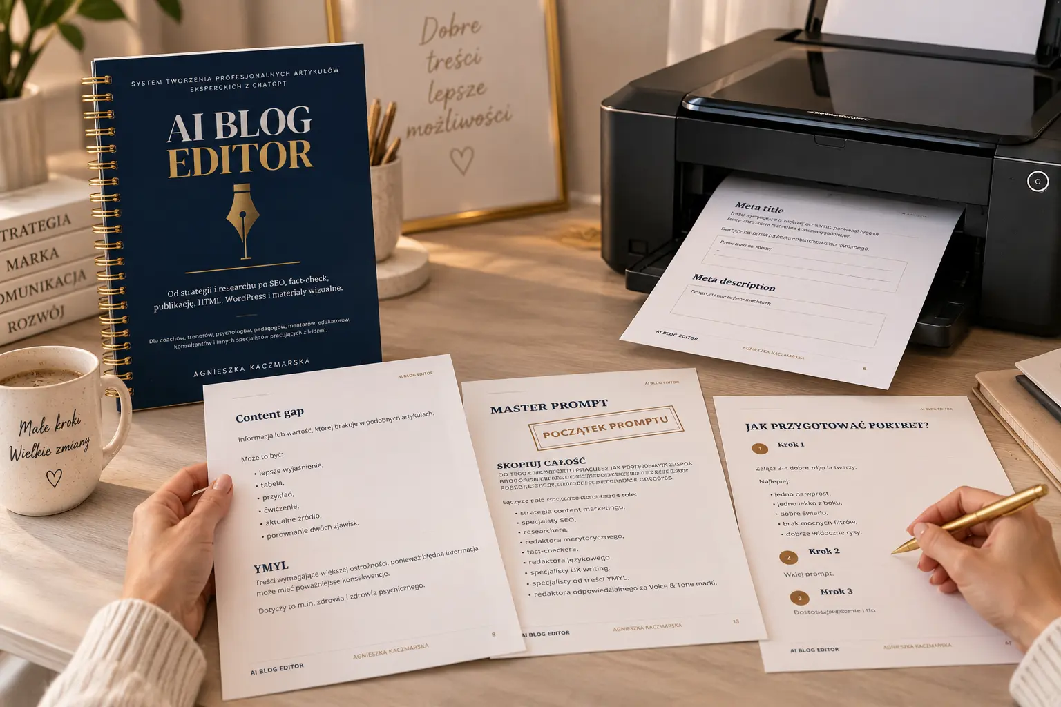 AI Blog Editor – drukowanie kart A4, workbook, Master Prompt i materiały SEO